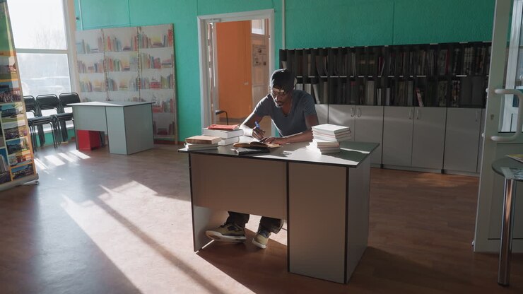 Studente universitario con abbigliamento casual e berretto seduto a una scrivania in una biblioteca luminosa, che volta la pagina di un libro mentre prende appunti, circondato da libri impilati e con la luce del sole che filtra attraverso un'ampia finestra