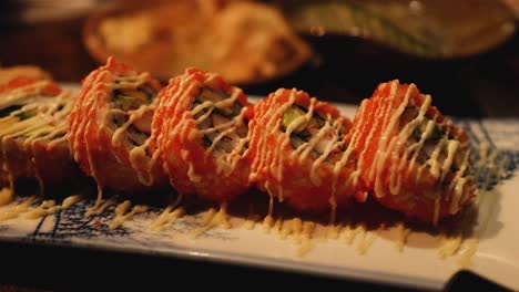 close-up of sushi rolls with vibrant toppings