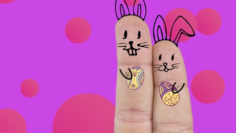 Animation-of-easter-bunnies-holding-eggs-drawn-on-two-fingers-over-pink-circles-on-purple