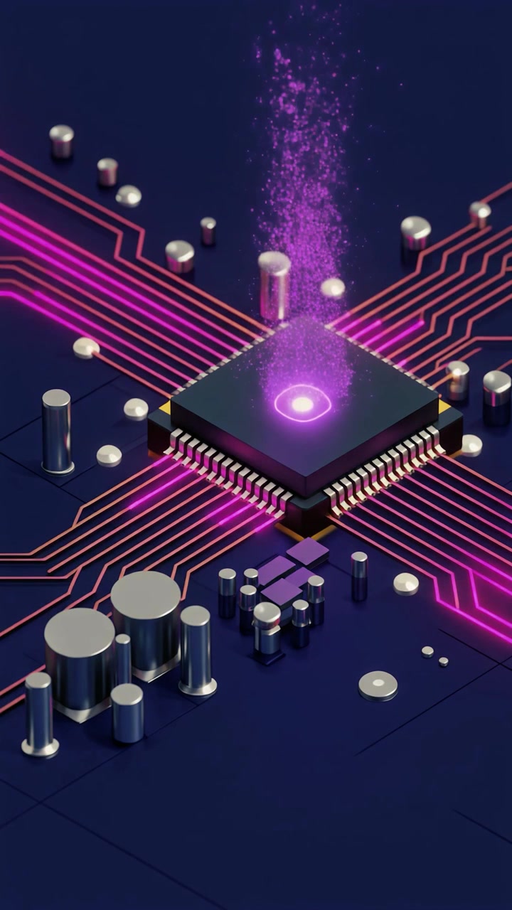 Digital mikrochip behandler data med glødende lilla energipartikler