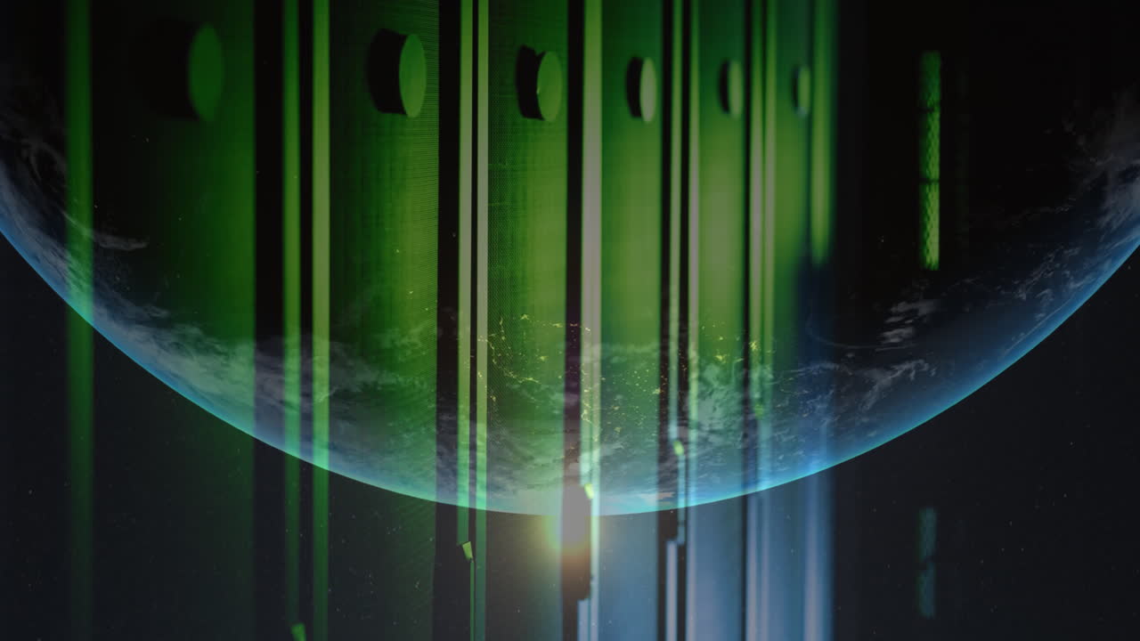 animación del globo giratorio y el destello de la lente sobre la sala del servidor en el fondo