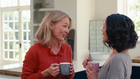 Loving-Same-Sex-Mature-Female-Couple-Drinking-Coffee-And-Hugging-In-Kitchen-Together