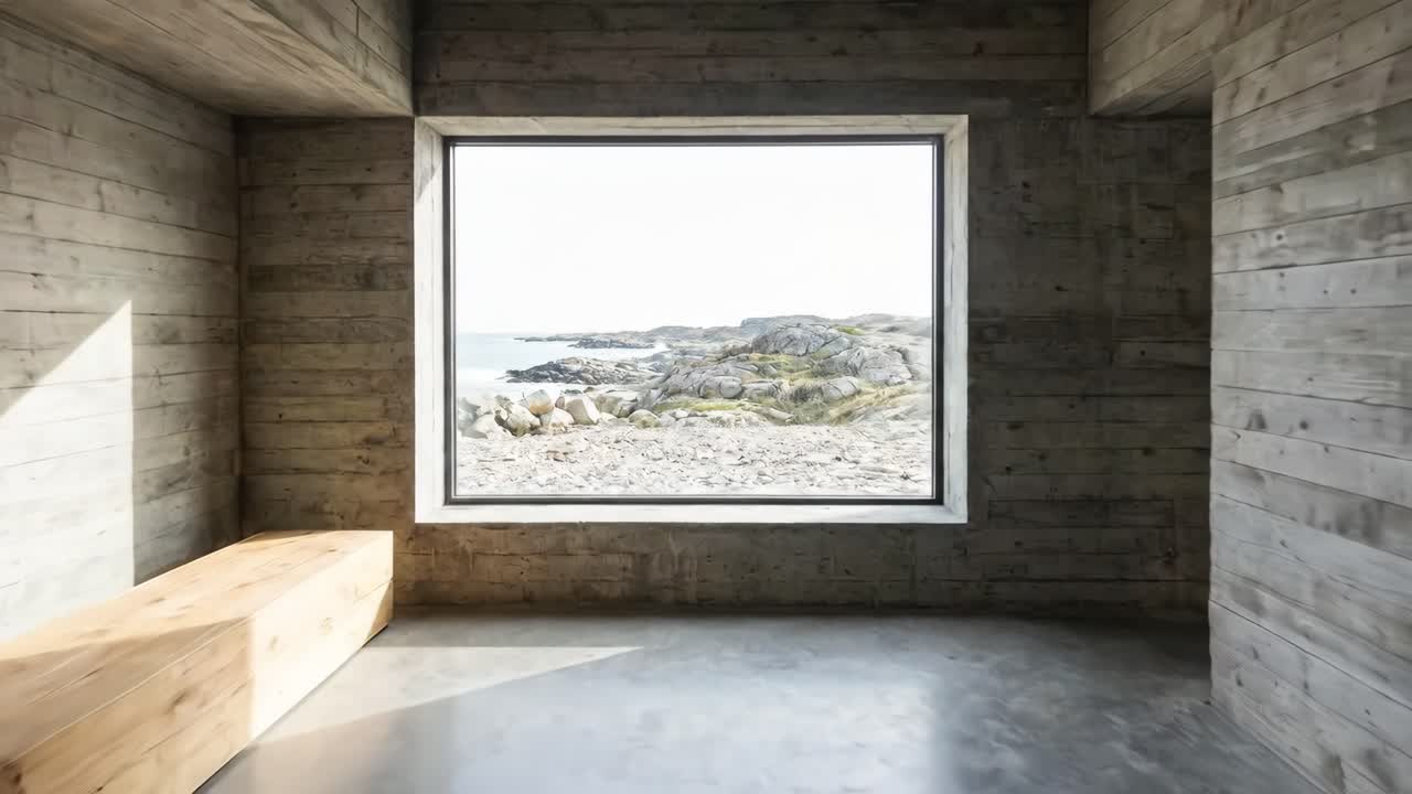 Moderner Betonraum mit großem Fenster und Blick auf eine felsige Meeresküste