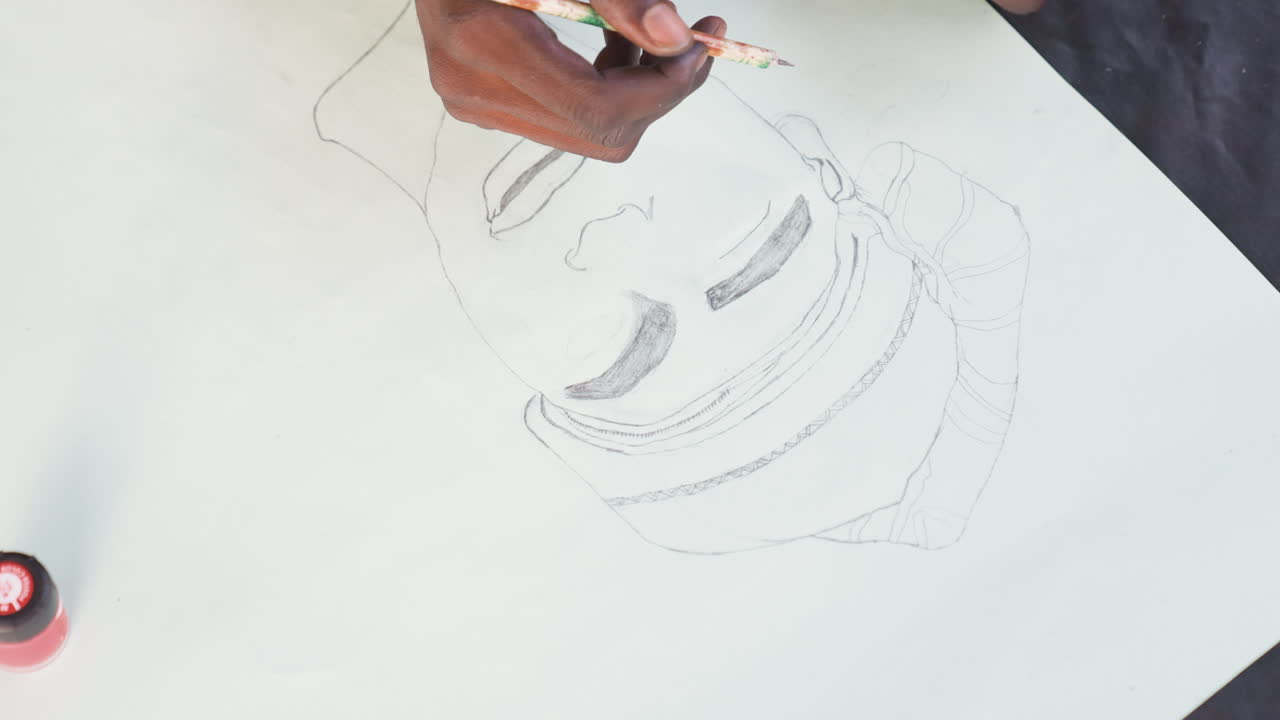 Fine details in monochrome art. Closeup view of artist meticulously shaping ink portrait lines. Detailed perspective showing artist carefully refining facial features with ink on paper