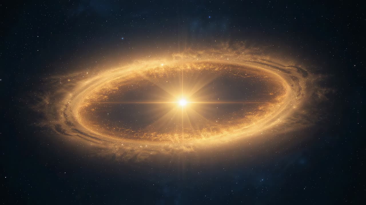 Sending horizontal flare, star and ring brightening inner edge, forming upper-left clump in space