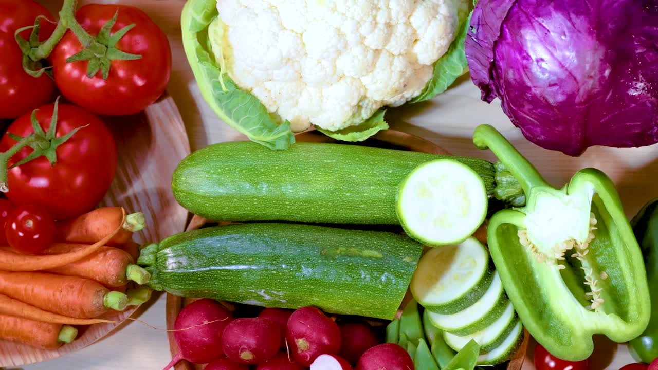 다양한 신선 한 채소 의 활기찬 전시