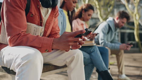 students, hands and phone communication