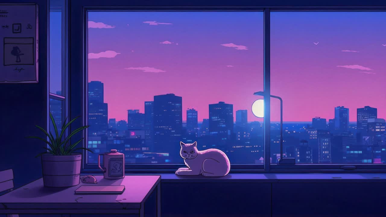 Concepto de video estético con una vista de gran angular de un gato en el alféizar de una ventana, con vistas a un paisaje urbano