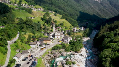 Drone-shot-of-Lavertezzo-Switzerland-flying-towards-the-Madonna-degli-Angeli-in-the-distance