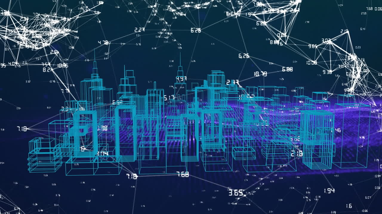 현대적인 마천루의 3d 모델의 애니메이션은 숫자와 점을 중심으로 회전하고 선으로 연결됩니다.