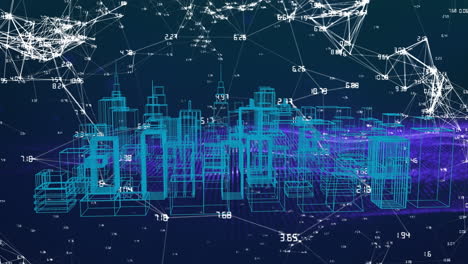 animation of 3d model of modern skyscrapers rotating around numbers and dots connecting with lines