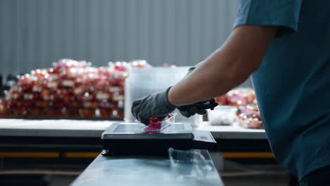 trabajador empacando tomates, balanzas pesando alimentos orgánicos en el lugar de trabajo hortícola