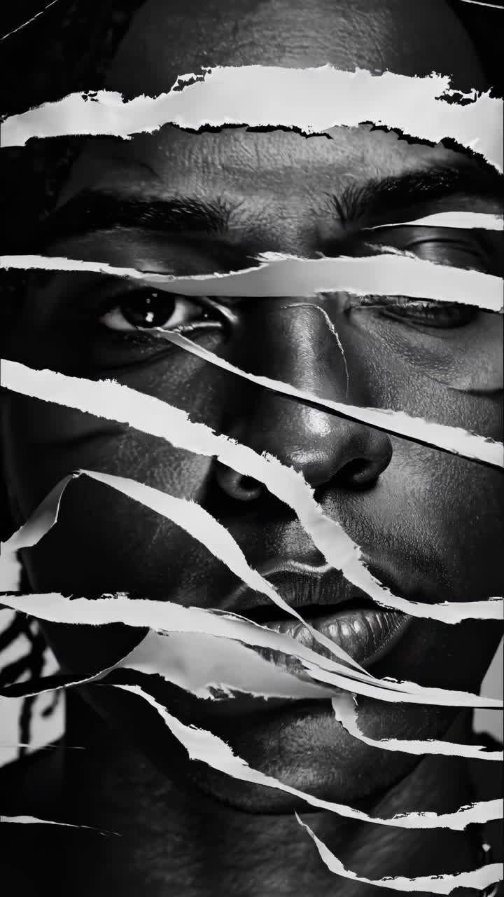 Black and white portrait of a person with horizontal paper strips covering their face, creating a fragmented and obscured view, symbolizing hidden identity, mystery, or censorship