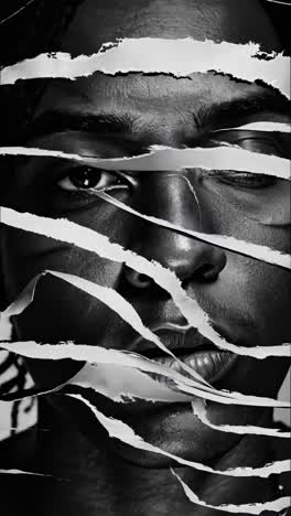 black and white portrait of a person with horizontal paper strips covering their face, creating a fragmented and obscured view, symbolizing hidden identity, mystery, or censorship