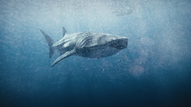 Frontal view of whale shark swimming with mouth open in slow motion near surface