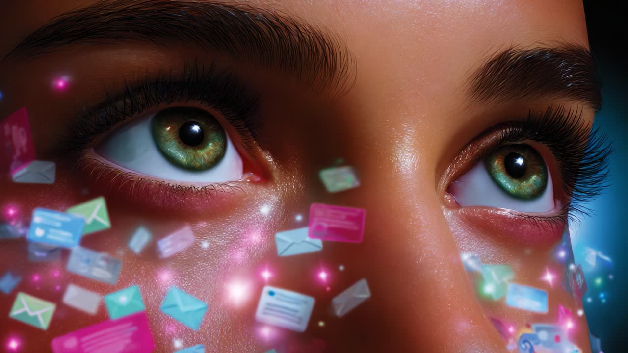 An Intimate Close-Up of Eyes Capturing the Digital World: The Subtle Glow of Notifications and Messages Reflected in Human Gaze, Highlighting Connectivity and Emotional Resonance