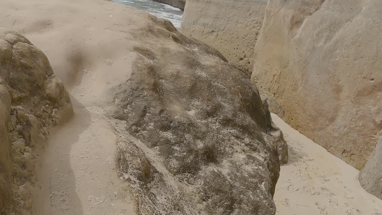 아름다운 한적한 해변과 남태평양 파도를 드러내는 거대한 사암 바위 위의 '길'을 천천히 걸어보세요 - 터널 비치 트랙, 더니든