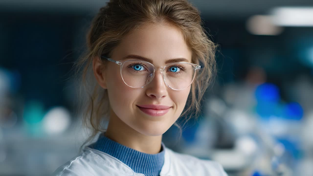 A Confident Young Female Scientist in a Laboratory Setting, Displaying a Warm Smile While Wearing Glasses, Showcasing Her Professionalism and Dedication to Science