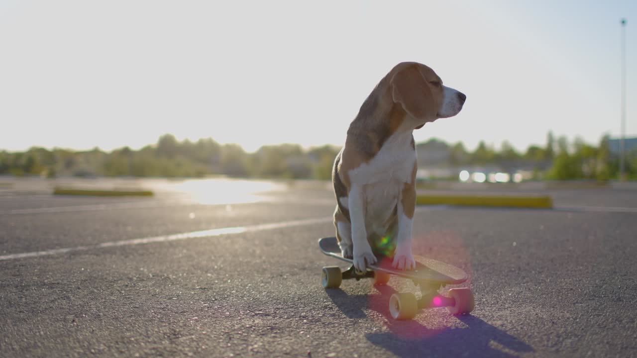 비글 개는 주차장에서 스케이트보드에 앉아 있다. 순종적인 애완동물. 느린 동작