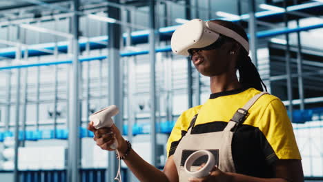 engineer wearing vr headset in smart factory looking at data to do optimizations