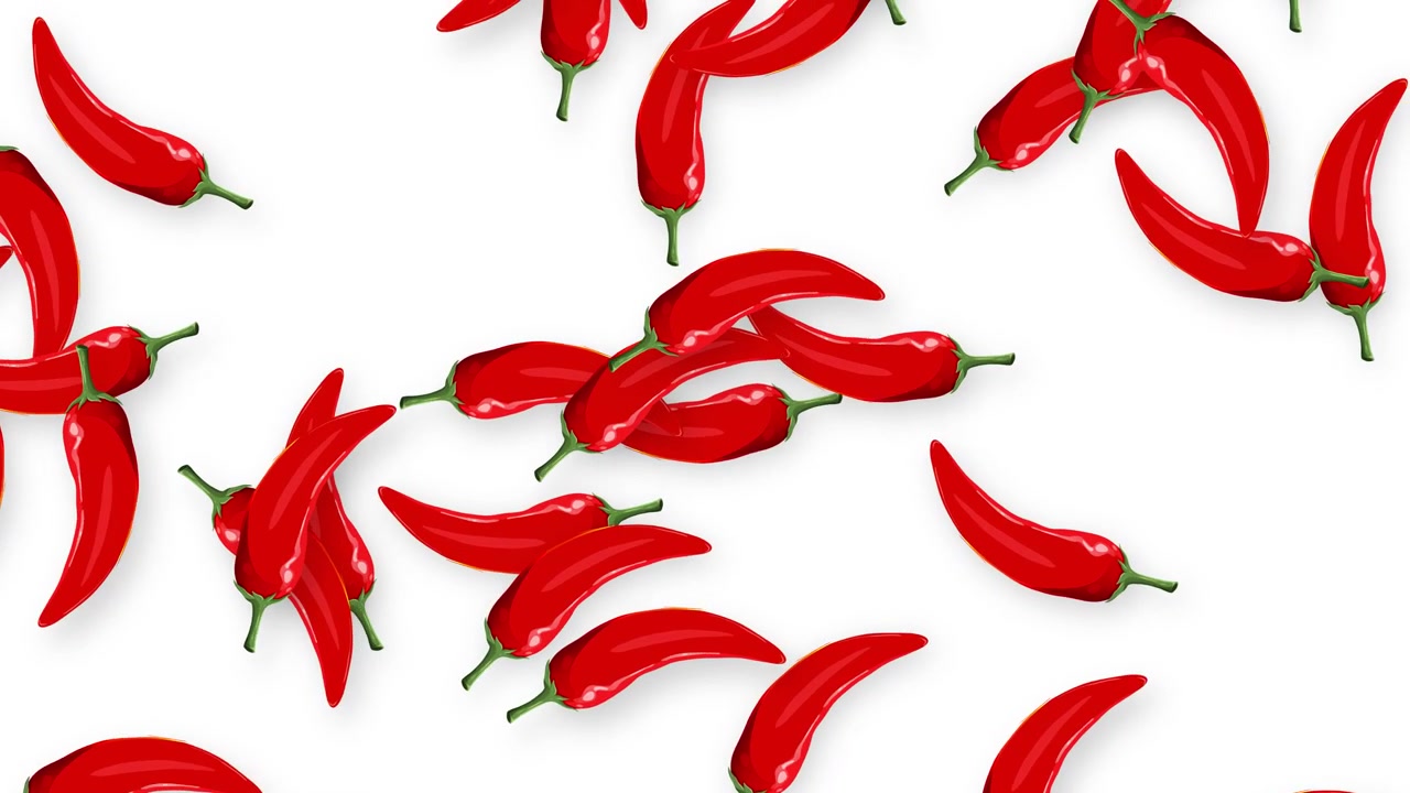 Red chili peppers fall vertically through the frame on a clean white studio background.