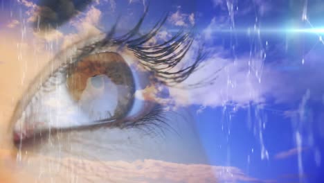 animación de números, conexiones, ojo de mujer caucásica y nubes