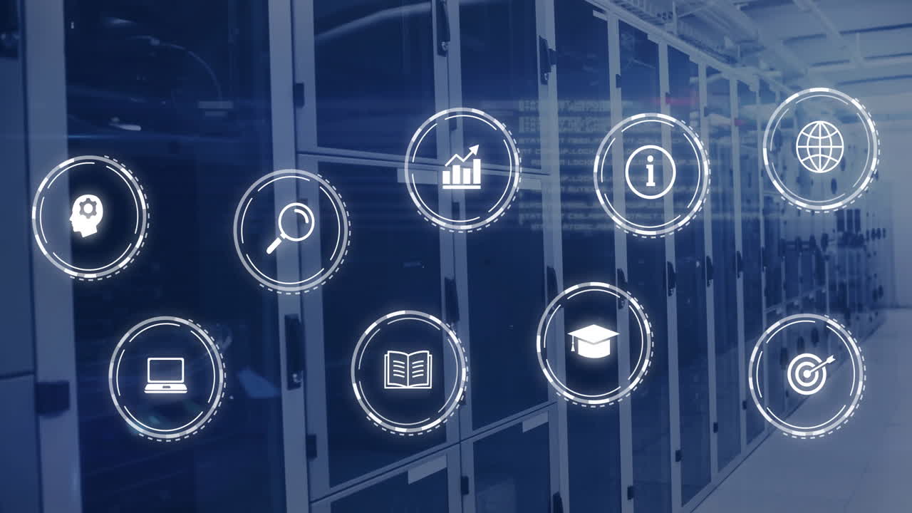 Animation of network of digital icons and computer servers