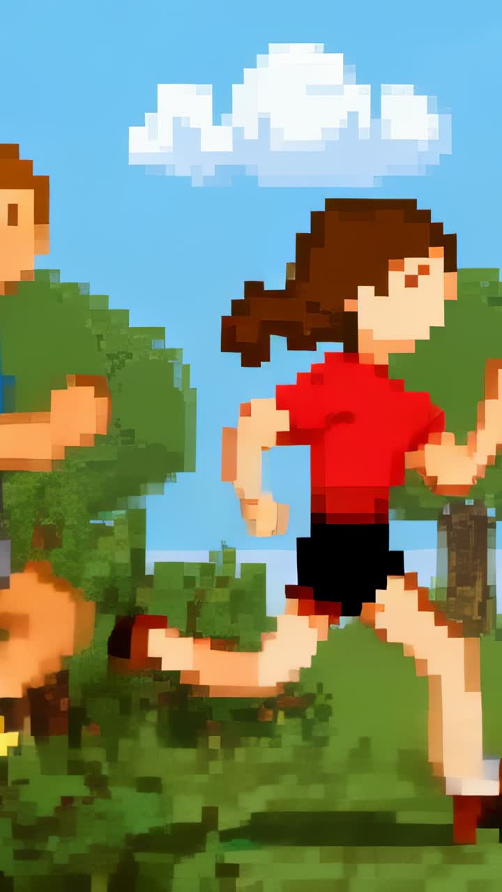 Vertical video: Starting clip, female in red shirt running across grass, joining male, training