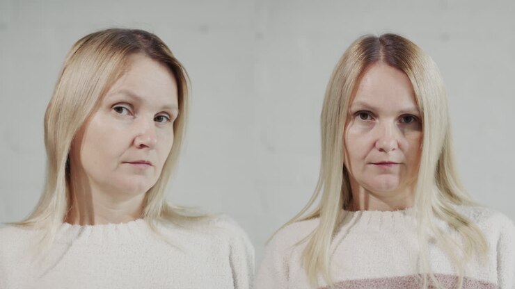 Ritratto di donna di mezza età prima e dopo le extension per capelli