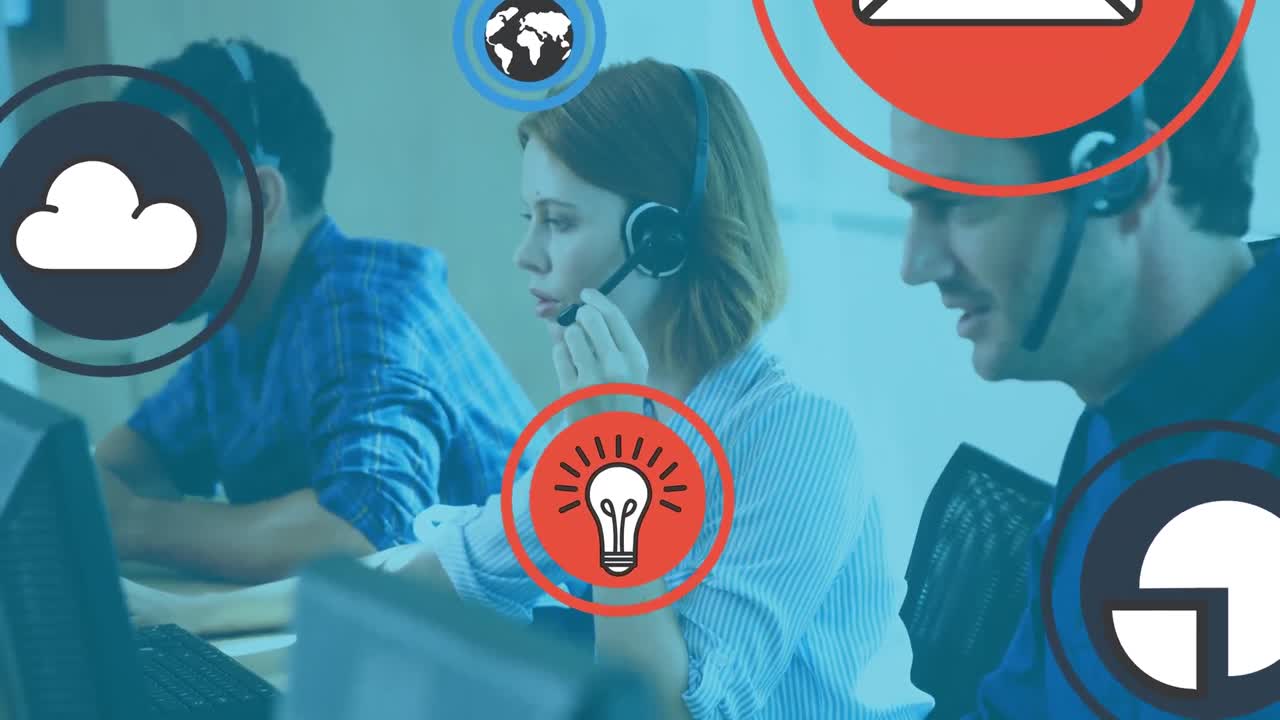 animación de iconos en línea sobre diversas personas de negocios que usan auriculares de teléfono