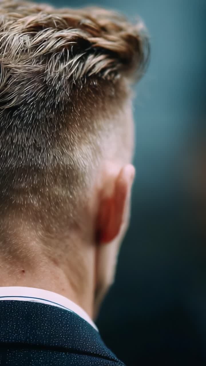 Primo piano di una testa maschile curata con taglio di capelli alla moda, che mostra lo sbiadimento unico e la parte superiore strutturata per un look moderno