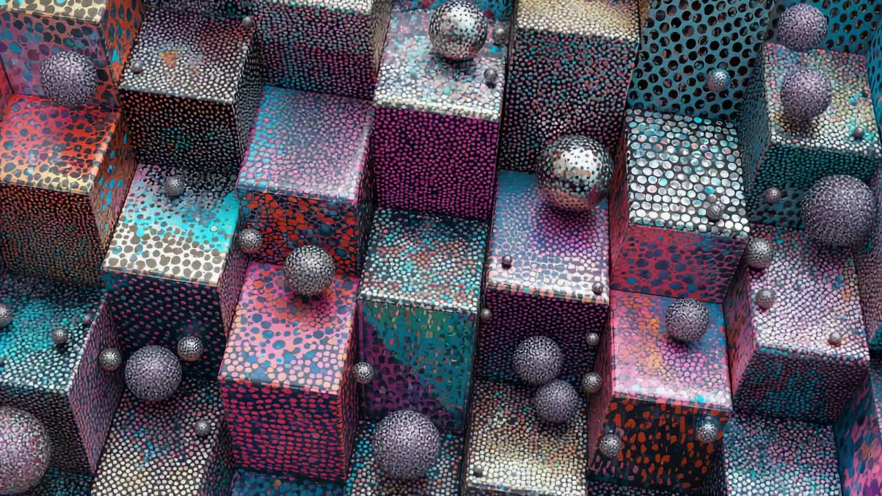 Shifting camera revealing patterned cube array in studio, highlighting metallic spheres and beads