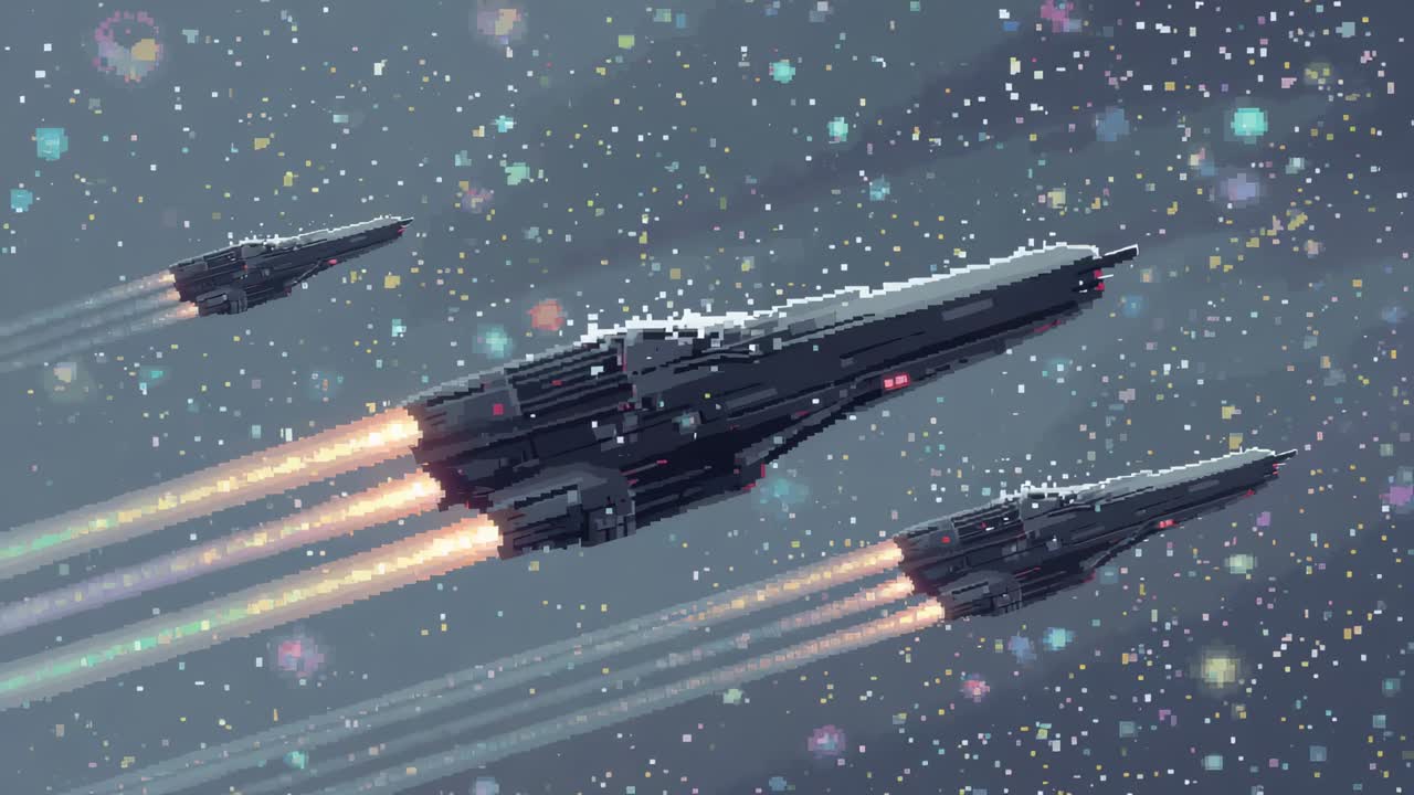 Flying three ship formation leaving contrails with engines firing, navigating particles in space