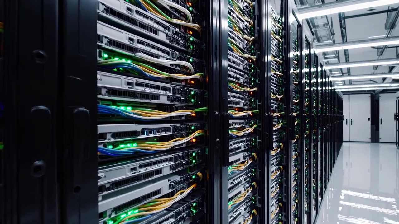 Inside a Modern Data Center with Blinking Server Lights