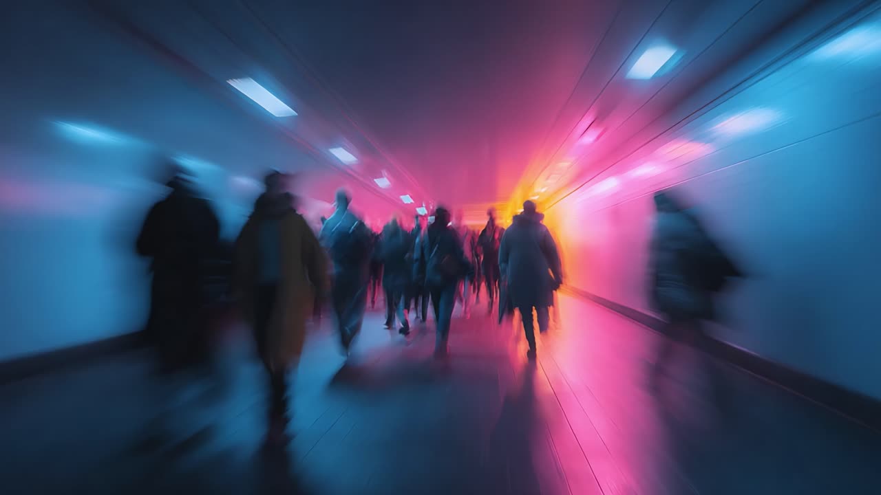 A Dynamic Journey Through a Colorful Tunnel of Movement and Light: Capturing the Essence of Urban Life in a Vibrant Corridor Where Shadows and Light Interact