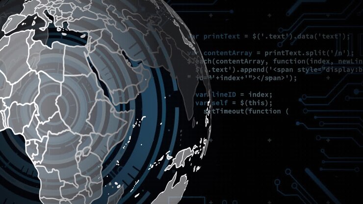 Digital animation of globe of network of connections spinning against blue background
