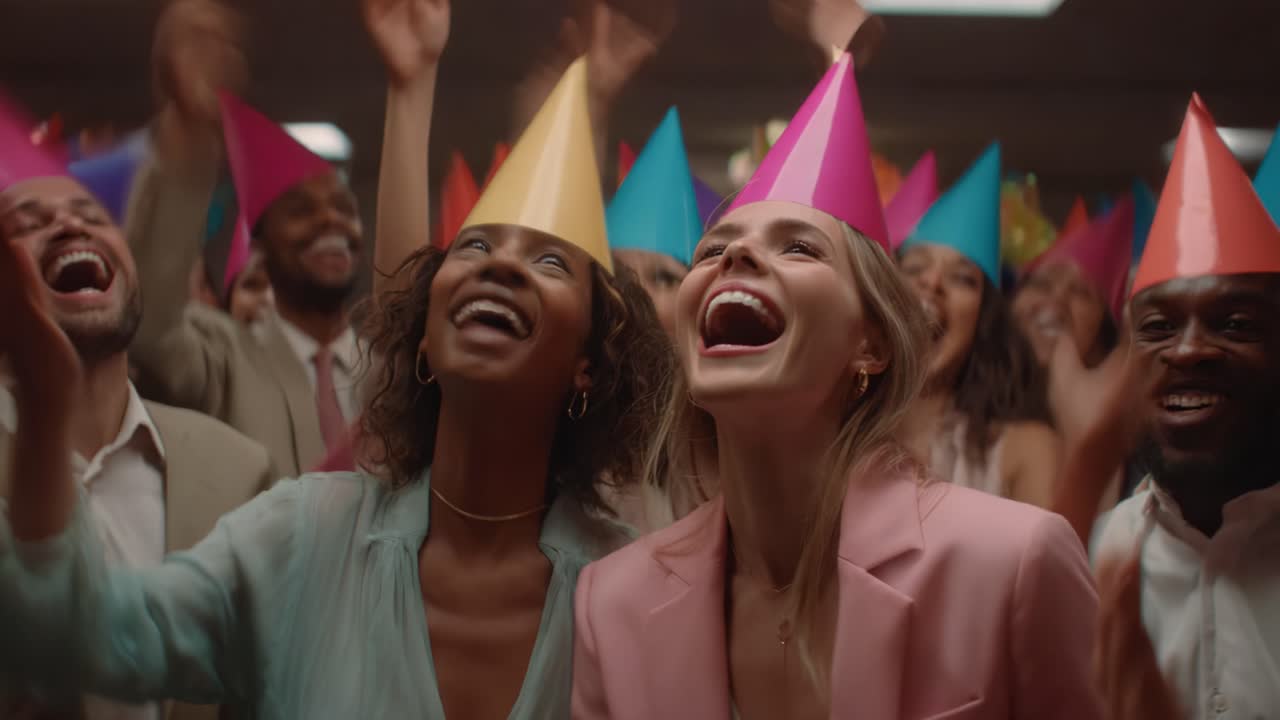 En livlig feiring: Festlig atmosfære fanget i to bilder med vekslende latter og smil, der venner samles for å feire med fargerike partyhatter
