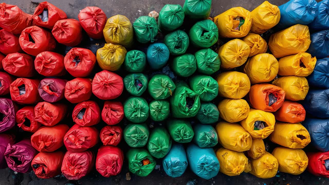 Vibrant Collection of Colorful Waste Bags Organized in Striking Rainbow Pattern, Showcasing an Array of Bright Hues Including Red, Green, Blue, Yellow, and Purple, Captured from Above