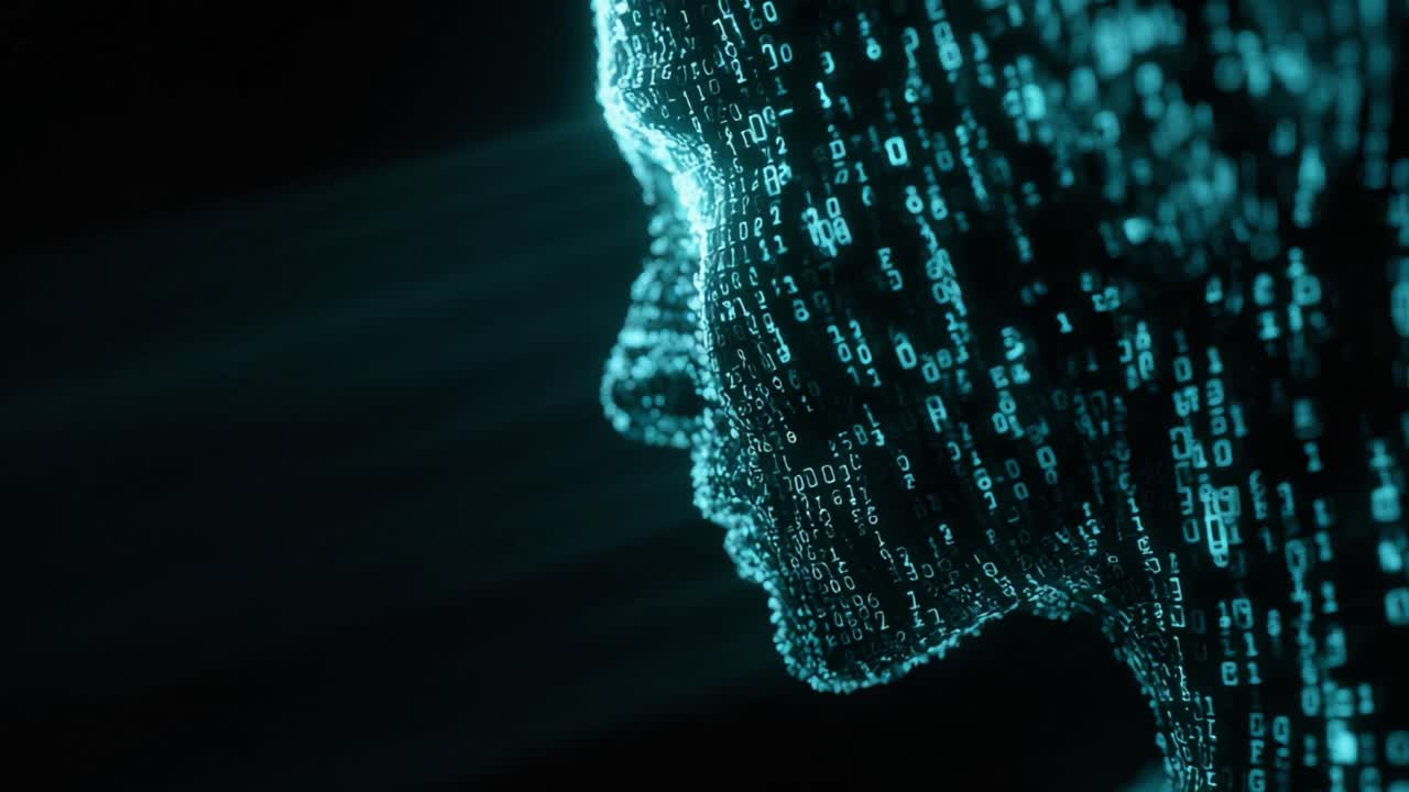 Volto umano digitale astratto composto da particelle di codice binario luminescenti che ruotano in uno spazio scuro, che rappresenta concetti come intelligenza artificiale, big data, machine learning e tecnologia futura