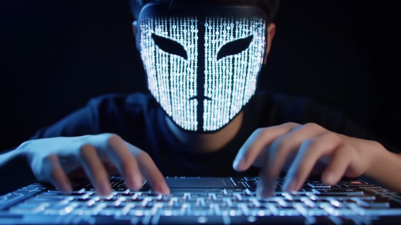 A Mysterious Figure With a Digital Mask Typing Intently on a Backlit Keyboard in a Dark Environment, Merging Technology and Intrigue into a Captivating Scene