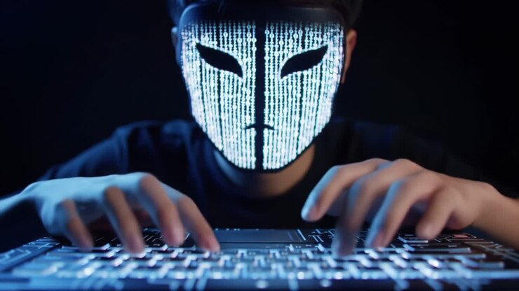 Una figura misteriosa con una maschera digitale che digita intensamente su una tastiera retroilluminata in un ambiente buio, fondendo tecnologia e intrigo in una scena accattivante