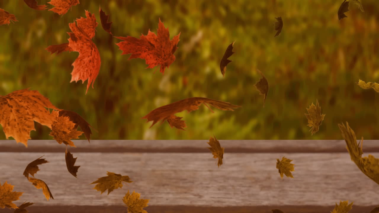 animación digital de múltiples hojas de otoño flotando sobre la superficie de madera contra el bosque