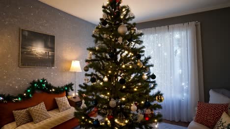 adornos iluminados adornan un árbol de navidad de pie en una acogedora sala de estar, creando una atmósfera festiva de vacaciones