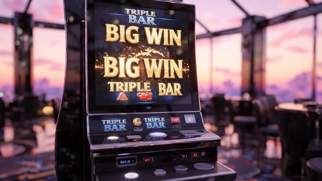 Una Vista Magnifica di una Moderna Slot Machine da Casinò con Colori Vibranti, Grafica Mozzafiato e un'Atmosfera di Lusso al Tramonto.