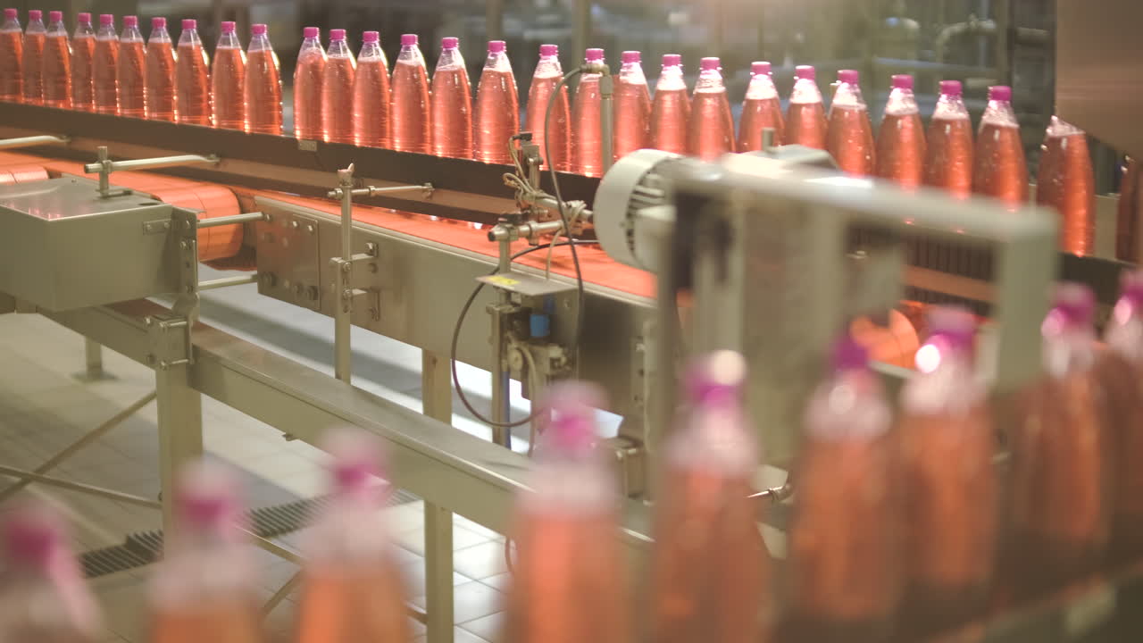 Pink Liquid Bottles Moving on a Conveyor Belt in a Factory