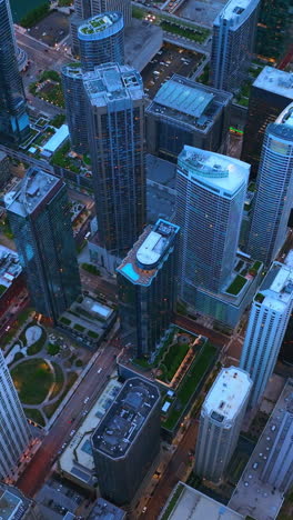 delightful sight of chicago downtown at twilight time. flying over the tops of majestic skyscrapers and beautiful areas. bird's eye view. vertical video