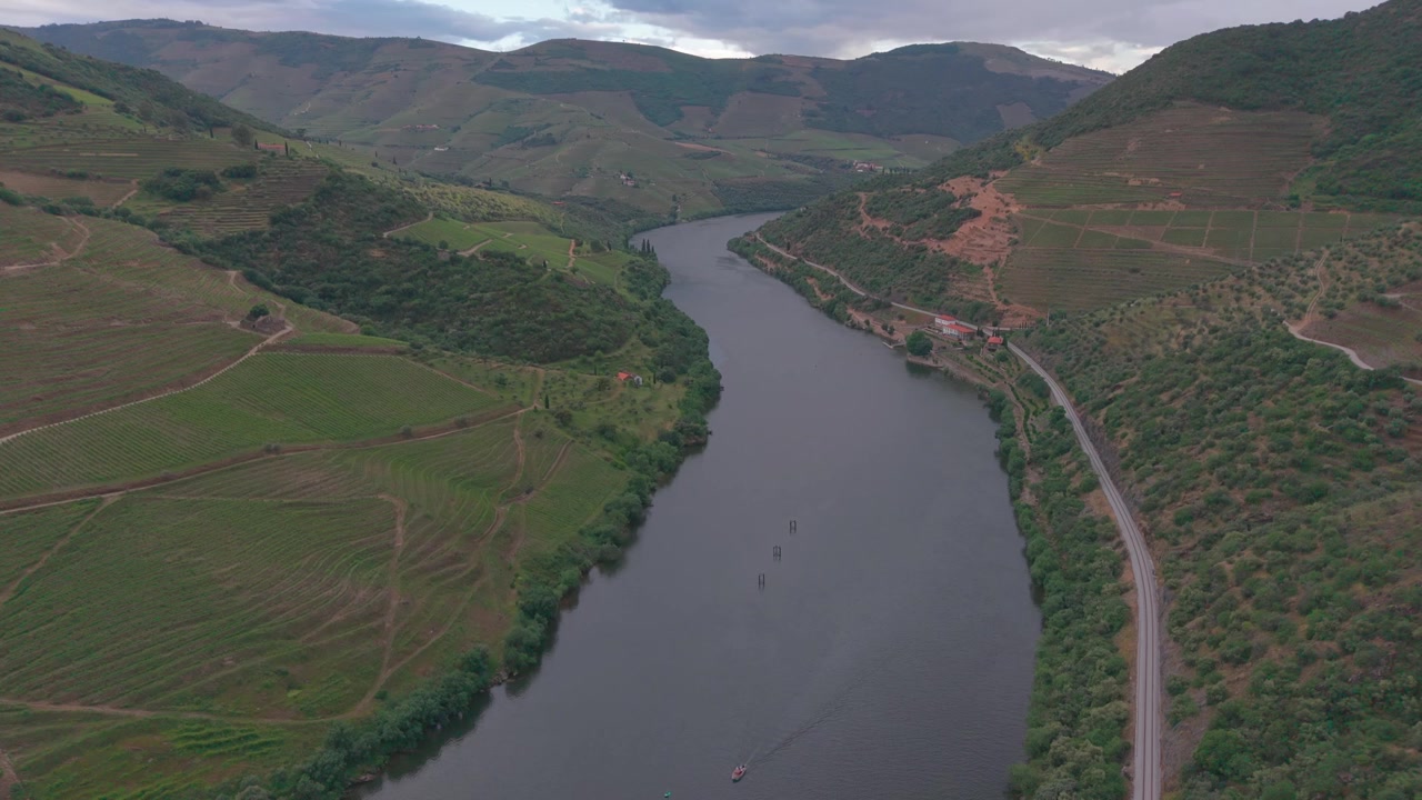 Il fiume Douro si snoda attraverso colline terrazzate di vigneti con strada lungo il fiume e barca nel Portogallo settentrionale