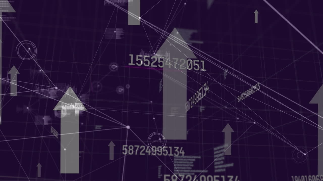 animación de flechas y números crecientes sobre fondo púrpura