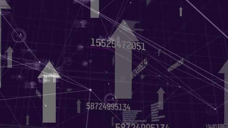 Animazione di frecce e numeri crescenti su sfondo viola