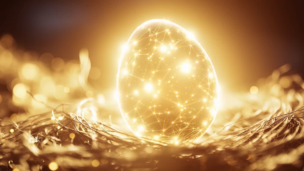 Un uovo dorato brilla delicatamente in un nido di ramoscelli. Motivi a rete pulsano all'interno del suo guscio radioso. Luci bokeh soffuse scintillano intorno alla scena. Un calore etereo evoca mistero e potenziale.